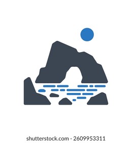Landscape with sun and rocks Icon On White Background