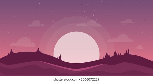 Un paisaje con la puesta de sol o la luna saliendo sobre colinas onduladas.