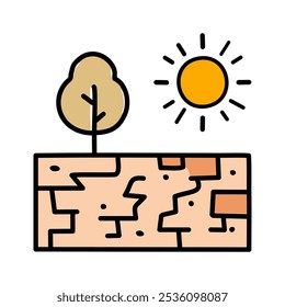 landscape with sun and tree flat style icon design, vector illustration. Dry land symbol.