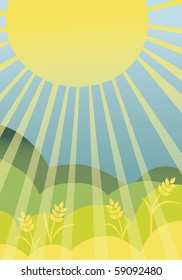 Landscape with sun and wheat axes