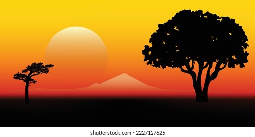 Landscape sunlight sunset high mountain big tree nature silhouettes. Vector illustration.