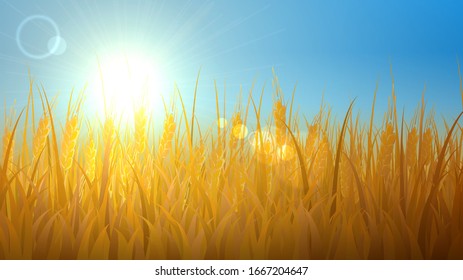 Landscape with sunlight and wheat field, countryside and harvest illustration