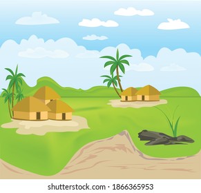 Landscape with sunny day and tree house in the village illustrator