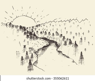 Landscape and sunrise  contours the mountains  fir forest  engraving vector illustration  hand drawn  sketch