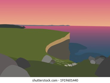 landscape at sunrise from the horizon over the sea, seen from the top of a cliff