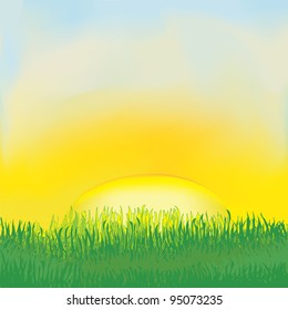 Landscape with sunrise, meadow,grass,cloudy sky