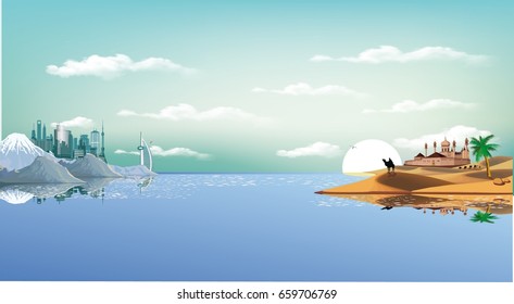 Landscape - sunrise over the Arab world. East fortress in the dunes. The sandy desert. The caravan moves on. Megapolis on the coast. Vector illustration of a desktop.