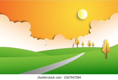 landscape of Sunrise scene with sun, cloud, trees  and hills in paper art craft style design vector illustration 