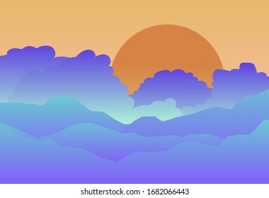 Landscape with sunset above the mountains or hills. Minimalist vector illustration.