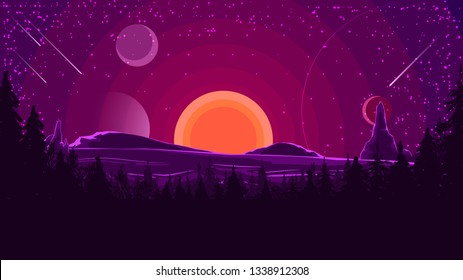 Landscape with sunset behind the mountains, forest and starry sky in purple tones. Vector illustration.