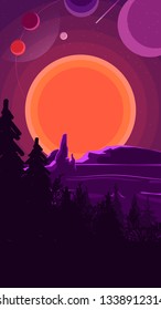 Landscape with sunset behind the mountains, forest and starry sky on purple sky. Vector illustration.