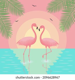 Landscape with sunset, couple of flamingos, palm leaves and seagulls. Valentine's day, love or summer concept.