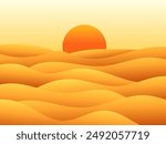 Landscape of sunset in the desert. Gradient landscape sun over sand dunes. Sunrise in the desert in a minimalist style. Design of covers, posters, banners and booklets. Vector illustration