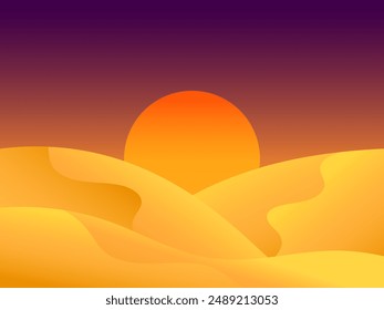 Landscape of sunset in the desert. Gradient landscape sun over sand dunes. Sunrise in the desert in a minimalist style. Design of covers, posters, banners and booklets. Vector illustration