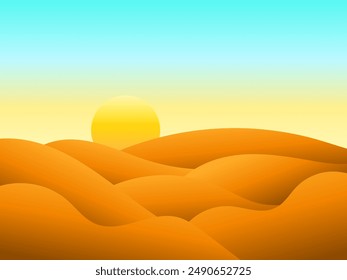 Landscape of sunset in the desert. Gradient landscape sun over sand dunes. Sunrise in the desert in a minimalist style. Design of covers, posters, banners and booklets. Vector illustration