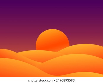 Landscape of sunset in the desert. Gradient landscape sun over sand dunes. Sunrise in the desert in a minimalist style. Design of covers, posters, banners and booklets. Vector illustration