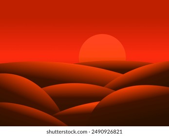 Landscape of sunset in the desert. Gradient landscape sun over sand dunes. Sunrise in the desert in a minimalist style. Design of covers, posters, banners and booklets. Vector illustration