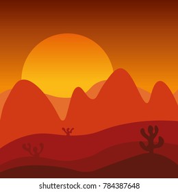 Landscape sunset in dry desert. Beautiful orange sky, mountains and cactus. View on outdoor scene in wilderness