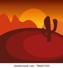 Landscape of sunset in dry wild desert. Beautiful orange sky, mountains and cactus. View on outdoor scene in wilderness