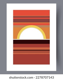 Landscape sunset evening skyline wall art print. Contemporary decorative background with skyline. Wall artwork for interior design. Printable minimal abstract sunset poster.