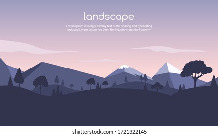 Landschaft Sonnenuntergang, flacher Hintergrund. Naturhimmel, Bergszene, Sommercartoon-Sonnenuntergang Landschaftsdesign