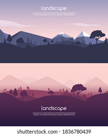 Landscape sunset flat background. Nature sky, mountain scene, summer cartoon sunset landscape travel design