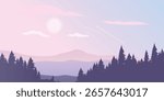 a landscape at sunset. In the foreground you can see the silhouette of a forest with spruce trees, and behind - hilly mountains that gradually disappear in a light fog.