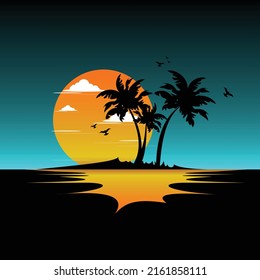 A landscape of the sunset in golden color and its reflection on the surface of water .with shadow of palm trees and birds
