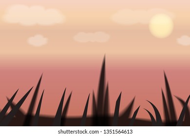 Landscape of sunset and grass silhouette. Vector illustration.