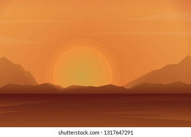 Landscape with sunset in huge mountains. Vector illustration. 