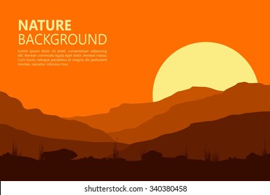 Landscape with sunset in huge mountains. Vector illustration. 