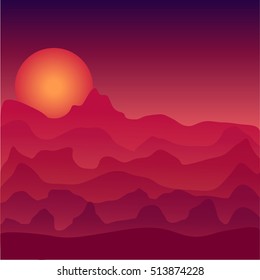 Landscape at sunset illustration. Space sunset. Desert at sunset. Sunset in space