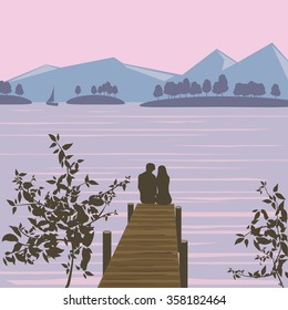 Landscape, sunset, lake, love, islands, mountains, vector, banner, illustration