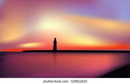 Landscape with sunset, lighthouse vector 
