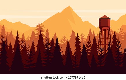 Landschaftssonne im Bergwald mit Wasserturm 