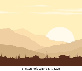 Landscape with sunset in mountains. Vector illustration. 