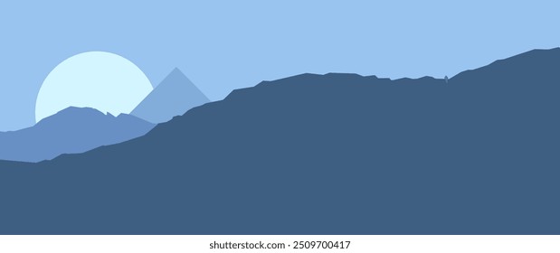 Landscape sunset nature panorama. Blue sky. Mountain climbing for adventure. Flat style vector illustration. postcard, banner, cover, wallpaper, poster design