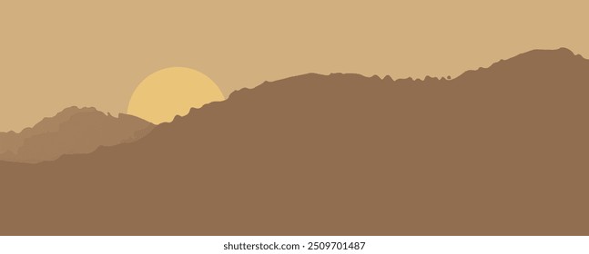 Landscape sunset nature panorama. Mountain climbing for adventure. Flat style vector illustration. postcard, banner, cover, wallpaper, poster design
