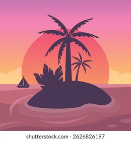 Landscape with sunset in the ocean. Silhouette of the island with palm trees and a boat. Banner.