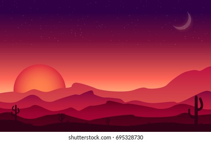 Landscape Sunset on a background of a mountain landscape with desert and cactus