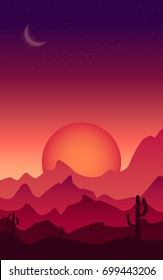 Landscape Sunset on a background of a mountain landscape with desert and cactus
