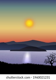 Landscape, sunset on the background of mountains and rivers with colorful sky