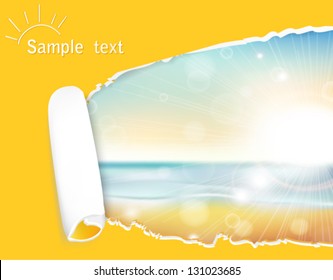 the landscape of the sunset on the background of the sea and beach in a stylish frame of yellow torn paper