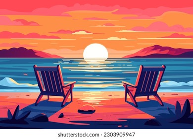Landscape sunset on the beach.Sun loungers on the seashore. Landscape Beautiful seascape. Seascape banner. Romantic evening on the beach. Vector illustration - Shutterstock ID 2303909947