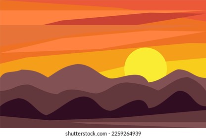 Landscape with sunset on big mountains vector illustration