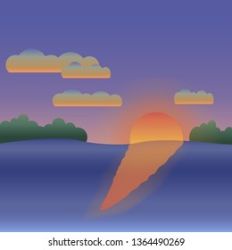 Landscape is a sunset on a river with a cloudy sky.