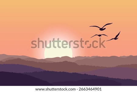 a landscape with sunset over mountain ranges with silhouettes of mountains in shades of purple and brown, birds, and a large sun with orange and pink tones.