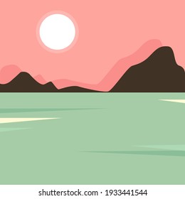 Landscape with a sunset pink sky over the mountains and soft green grass. Modern stylish minimalistic postcard. Use for wallpaper on a phone, for a print on a T-shirt, for an interior,  mugs, notebook