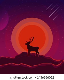 Landscape with sunset, planet and starry sky. Nature landscape  in shades violet, purple with silhouette of a deer and mountains. vector eps10