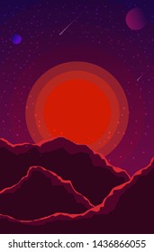 Landscape with sunset, planets and starry sky. Space landscape  in shades violet, purple. Nature background. eps10